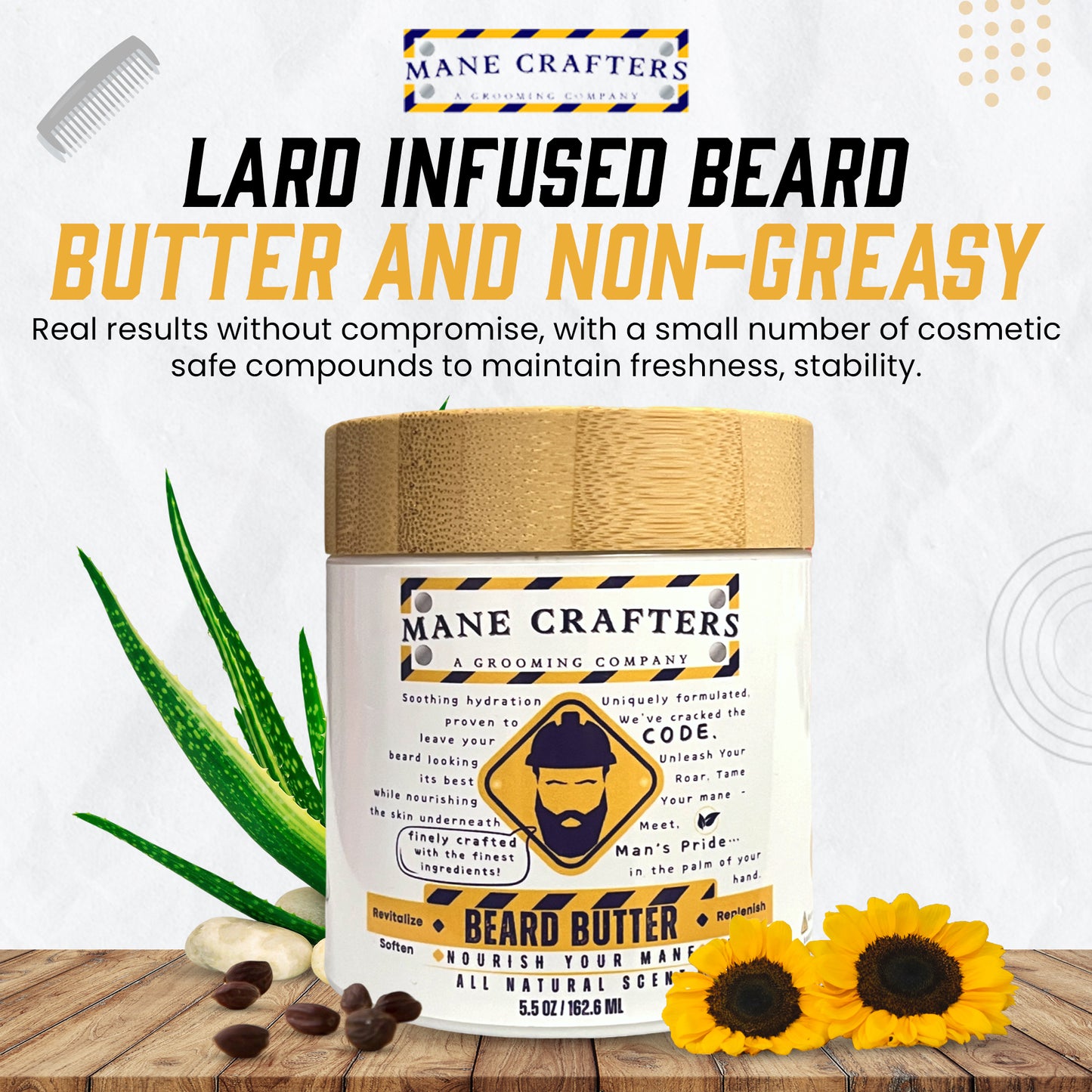 Lard Infused Beard Butter - Non Greasy - All Natural Scent (Unscented) 5.5 oz "Nourish Your Mane"