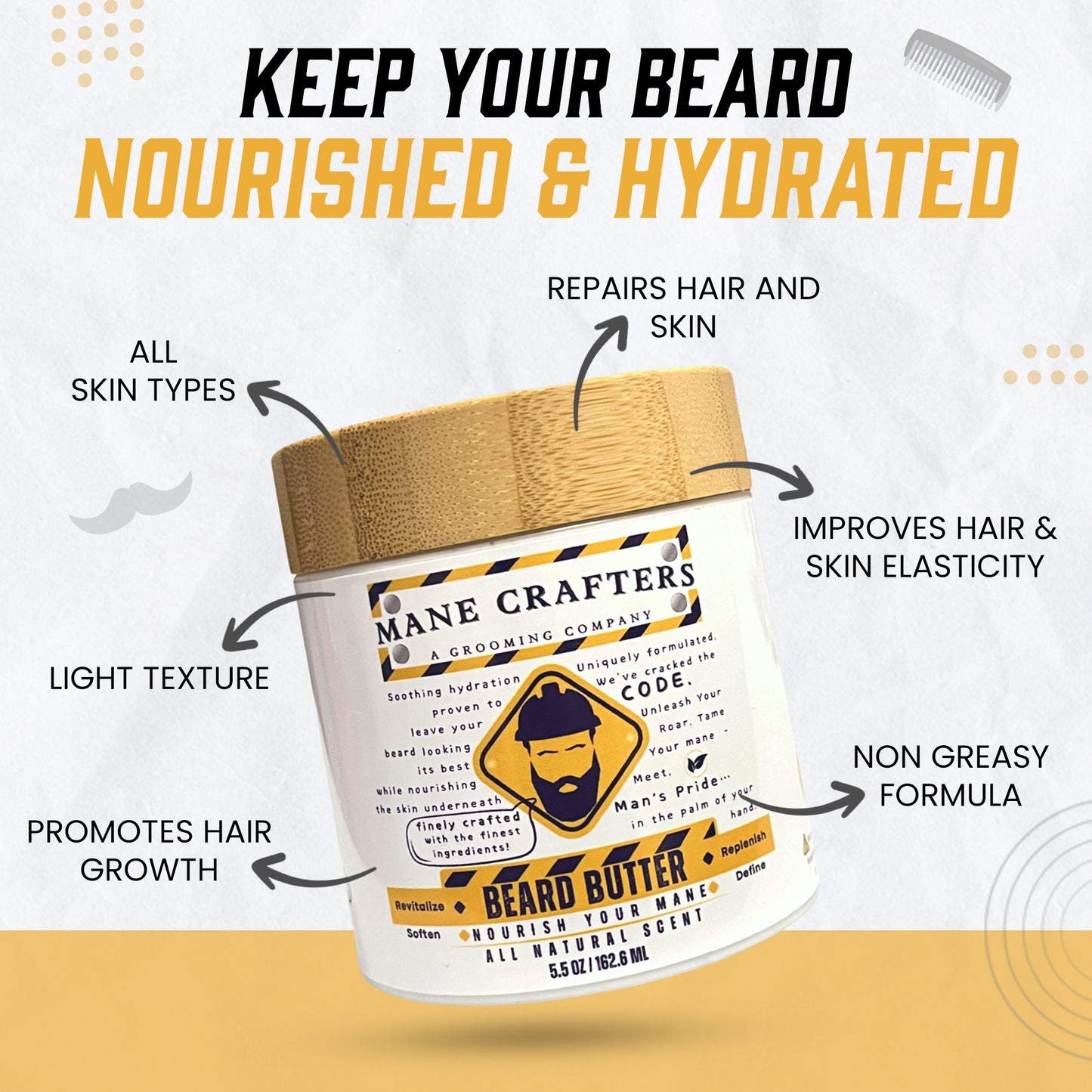 Lard Infused Beard Butter - Non Greasy - All Natural Scent (Unscented) 5.5 oz "Nourish Your Mane"